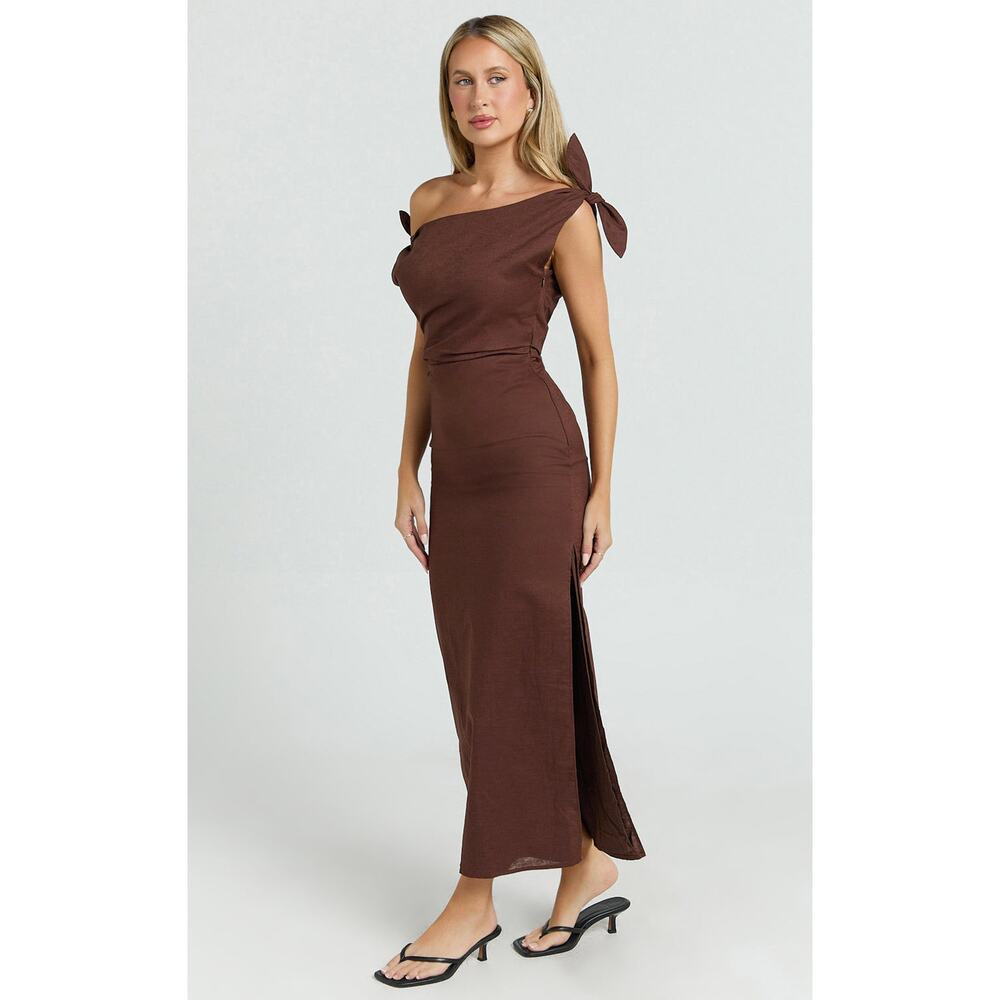 New Showpo Cincinnati Midi Dress Off The Shoulder Side Split Linen Dress Size L - Picture 4 of 10